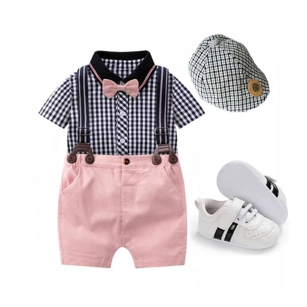 Baby Boy Clothes Set Britain Gentleman Outfit Boys Lattice Romper with Suspender Pants and Shoes for Wedding Birthday