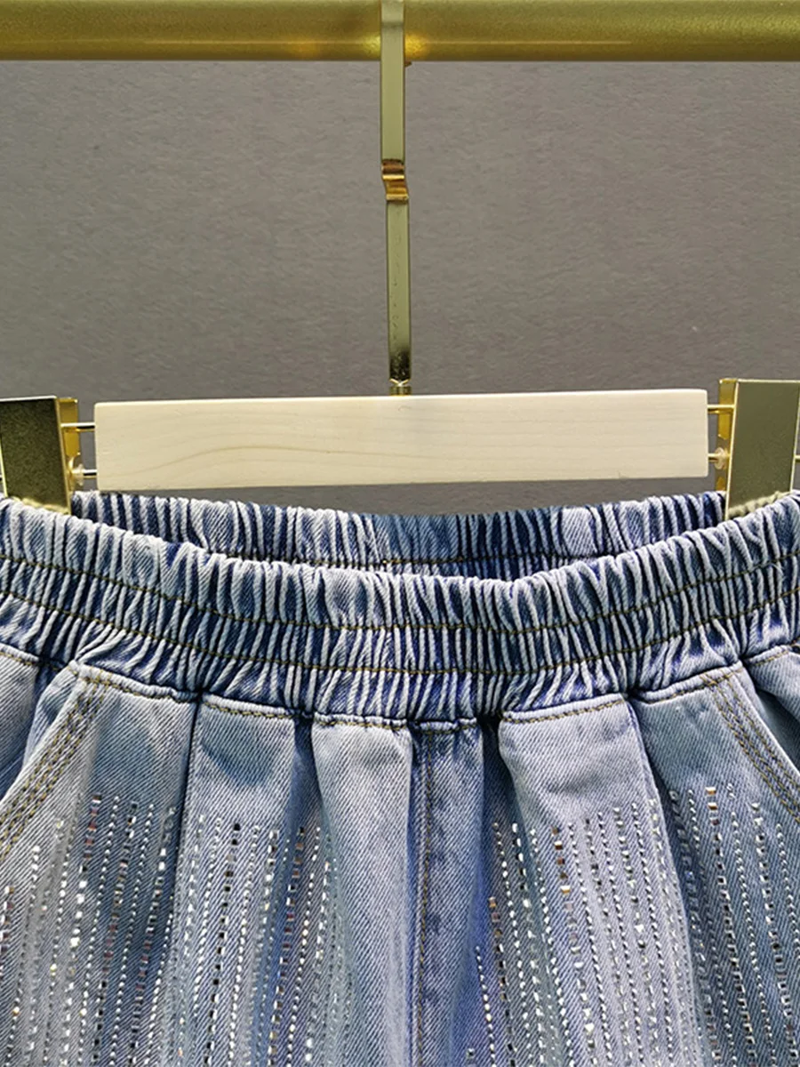 Thin Denim Shorts Women's Fashionable Loose High Waist Slimming Heavy Embroidery Diamond Drills Wide Leg Hot Pants Jeans Shorts