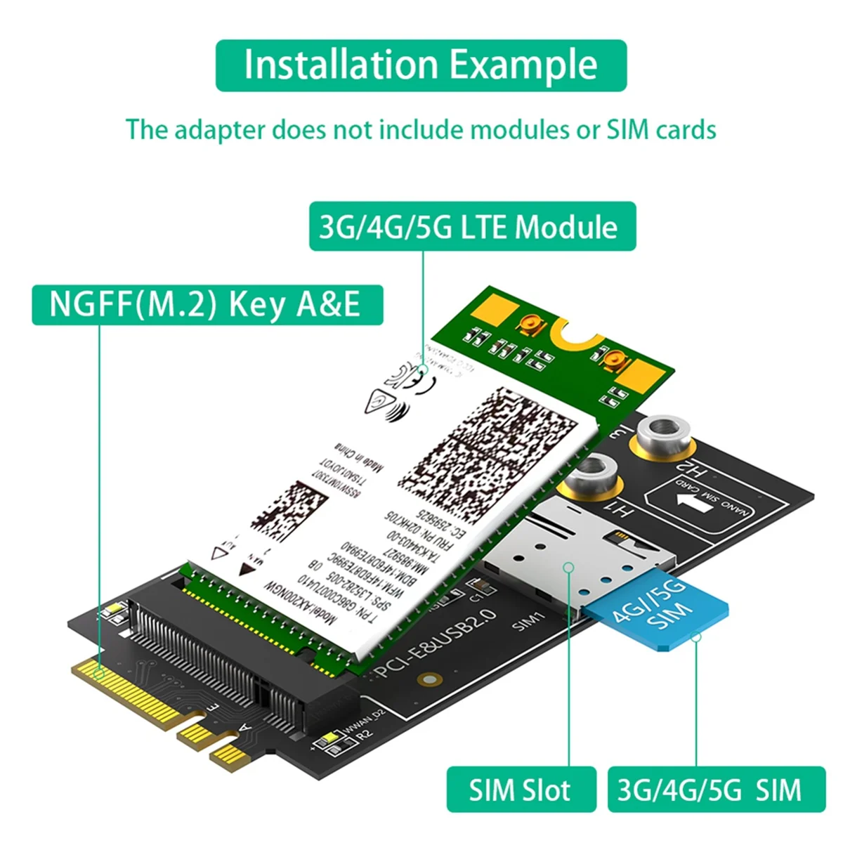 Адаптер M.2 Key B-A + E со слотом для карты NANO SIM модуля 3G/4G/5G