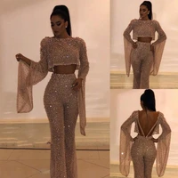 women party elegant o neck gilding jumpsuit long sleeves bling backless sexy fake 2 piece set rompers modern ladies streetwear