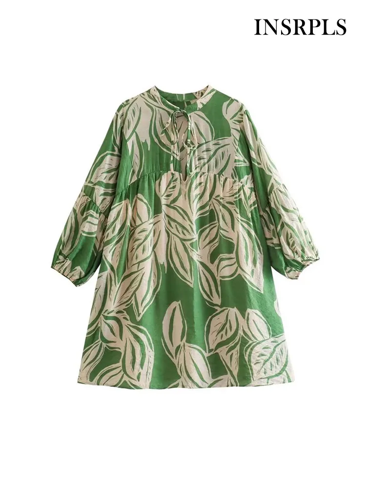 

INSRPLS Women Fashion With Tie Print Mini Dress Vintage Slot collar Three Quarter Sleeves Female Dresses Vestidos Mujer