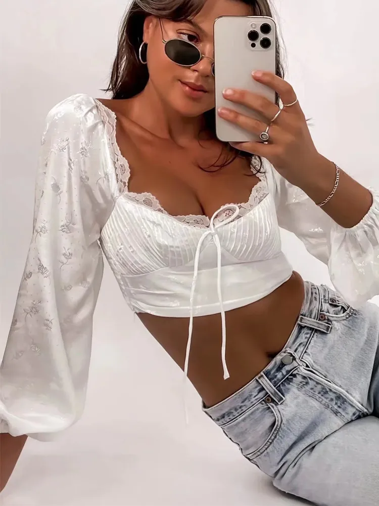 

PTYSIC Women Sweet With White Floral Print Folds Strapless Cropped Blouses 2022 Summer Front Tied Backless Stylish Tops Mujur
