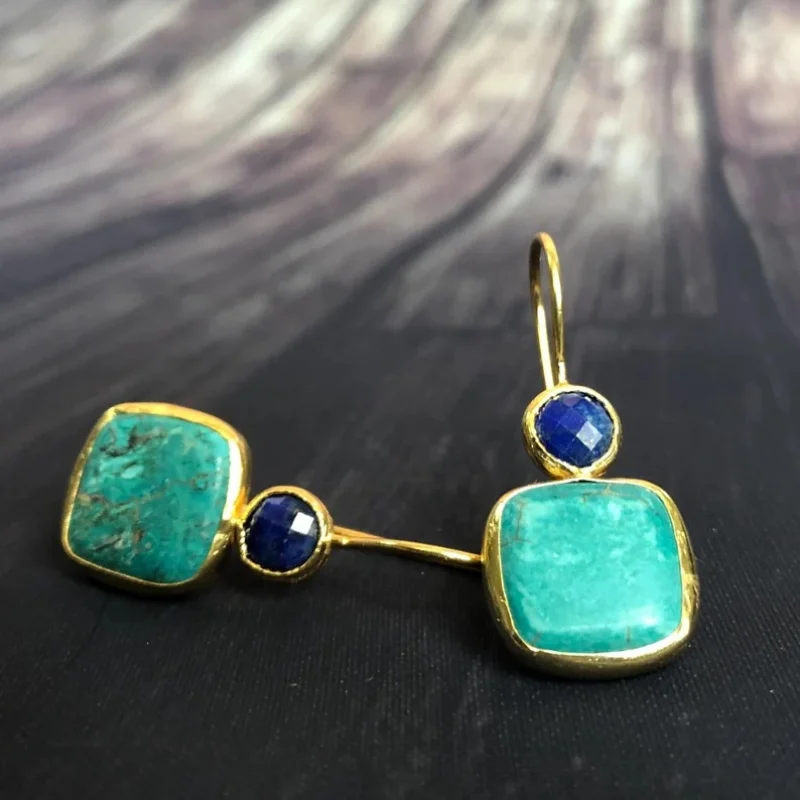 

Simple Geometric Square Turquoise Lady Earrings Luxury Dinner Lady Champagne Gold Wrapped Blue Semi Precious Stone Earrings