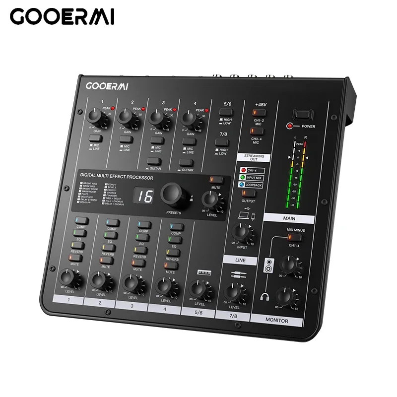 Фото MIXX8 Gooermi Профессиональный 8-канальный аудиомикшер USB, DJ-пульт, караоке, с шумоподавлением для прямых трансляций, сцены и конференций №3
