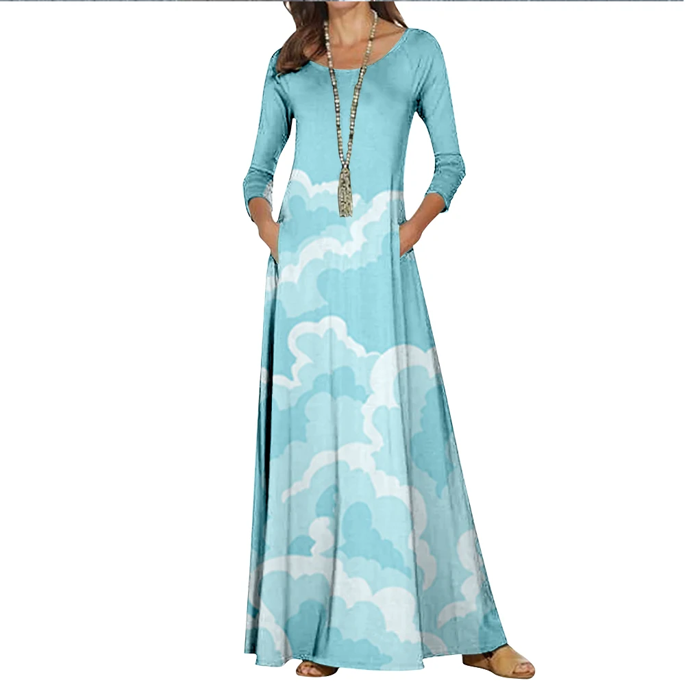 

Summer 2022 Women's Three Quarter Sleeves Round Neck Fashion Cloud Print High Waist Elegant Dress