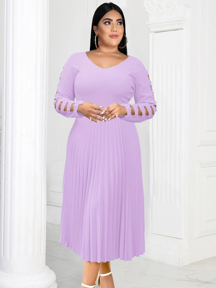 

ONTINVA Pleated Dresses for Women Lavender V Neck Long Hollow Out Sleeve A Line Office Lady Casual Event Party Midi Gowns 4XL