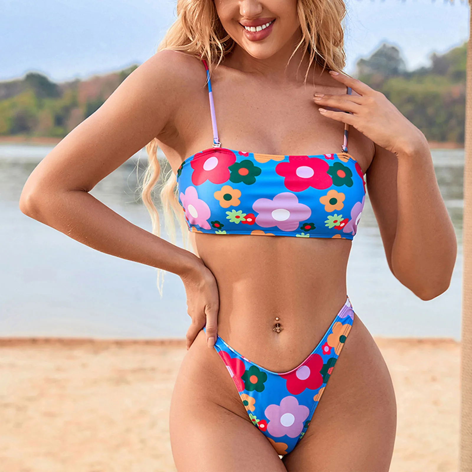 

Bikini 2022 Woman Flower Print Swimwear Fashion Two Piece Bathing Suit Low Waist Pad Swimsuit Bohemian Bikinis Купальник Женский