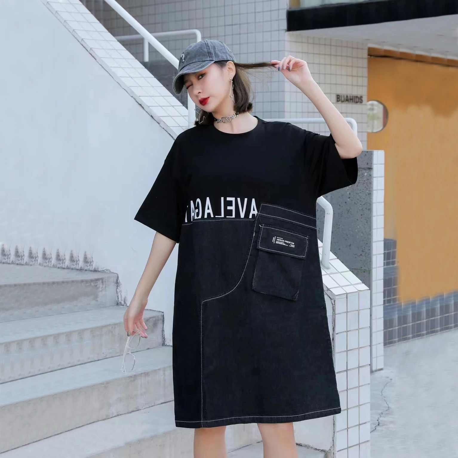 

220301 Harajuku Style Letter Loose Dress Women Korea Summer New Arrival Personality Fashion Streetwear O-neck Short Sleeve Dress