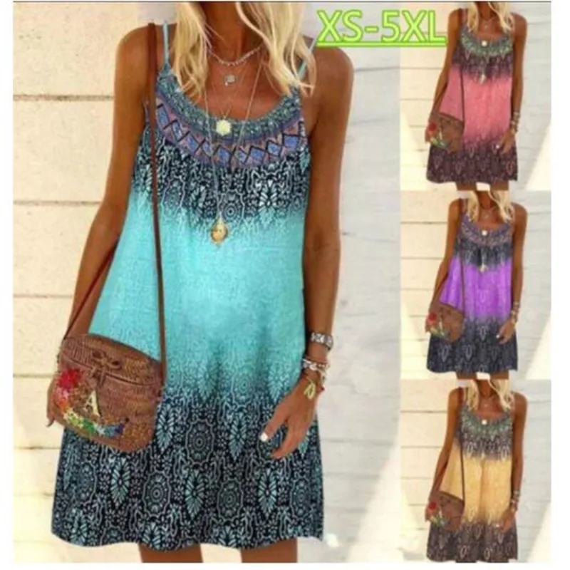 

Women Summer Spaghetti Strap O-Neck A-Line Mini Swing Dress Boho Vintage Colorful Floral Print Loose Beach Cami Sundress