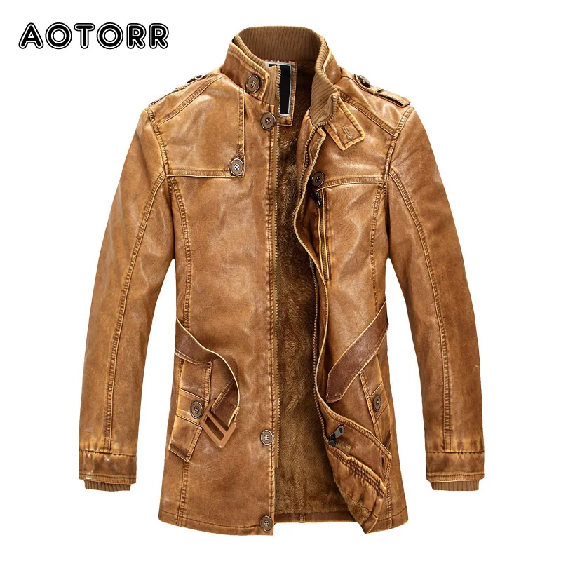 

Мужская зимняя кожаная куртка на флисе, с воротником-стойкой