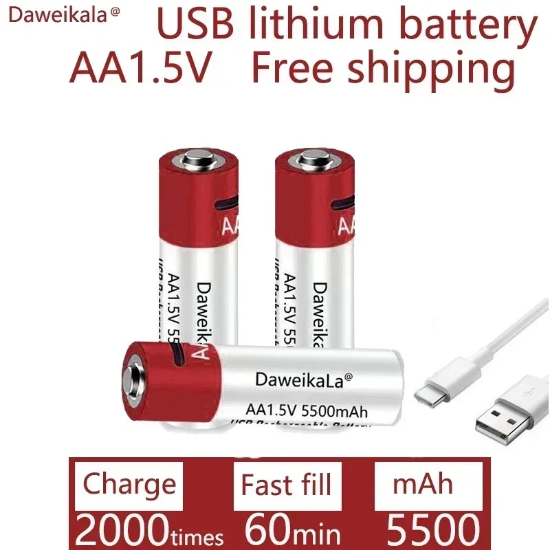 2024Новая литий-ионная аккумуляторная батарея типа AA USB 1 5 В 5500 мАч/литий-ионная