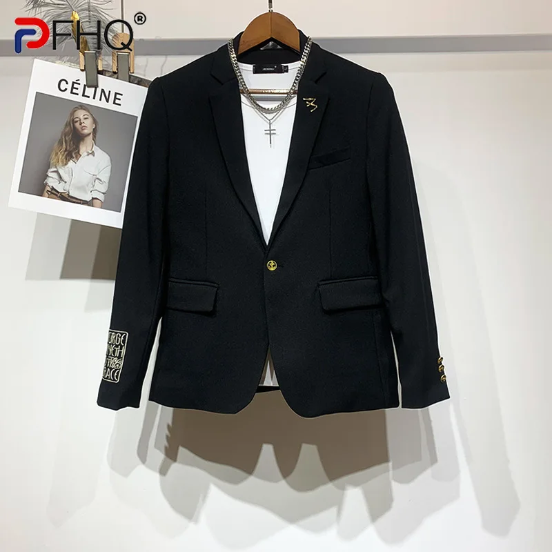 

PFHQ Autumn Men's Cuffs Embroidered Blazer Slim Handsome Single Breasted Solid Color Leisure Business High Quality Suit 21Z1368