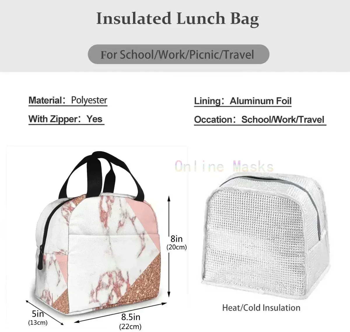 Розово-белый мраморный блестящий ланч-бокс с изоляционной подкладкой из