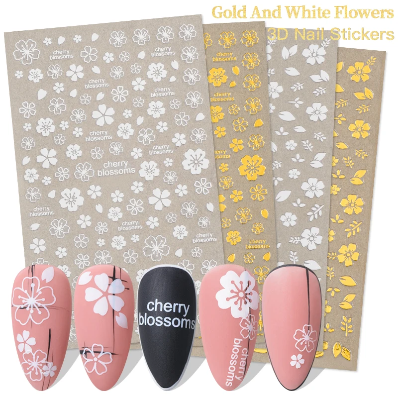 

Cherry Blossoms White 3D Nail Sticker Sakura Leaves Adhesive Slider Bronzing Gold Flower For Manicuring Nails Art Tip