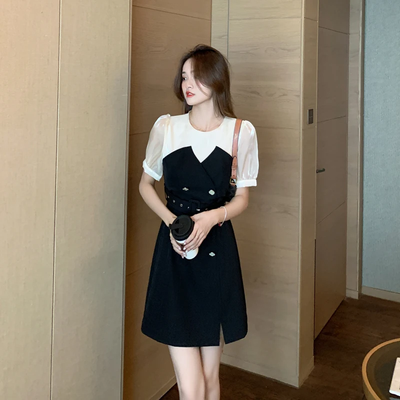 

COIGARSAM Women's Summer Dress 2022 Patchwork High Waist Black Apricot Dresses Dropshipping