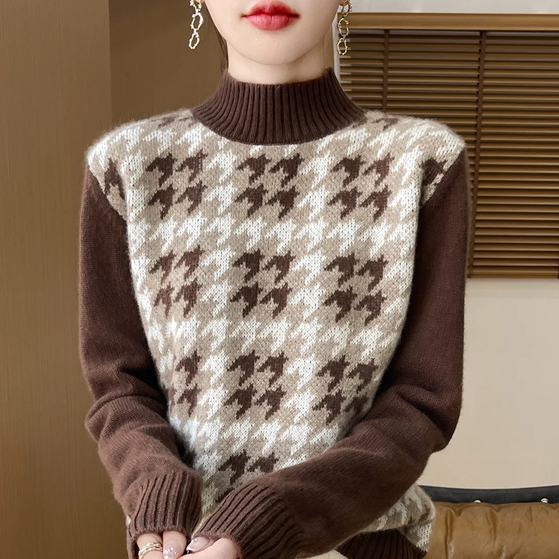 Осенне-зимний свитер из чистой шерсти с полувысоким воротником и сеткой Тысяча