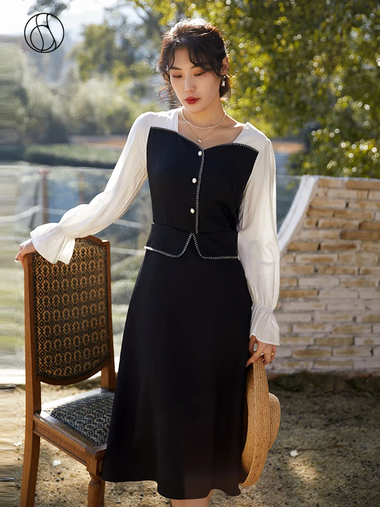 

DUSHU Vintage Long Black Dress Women Patchwork Flare Sleeve Elegant Dress Female Embroidery Slim Spring Dresses 2021