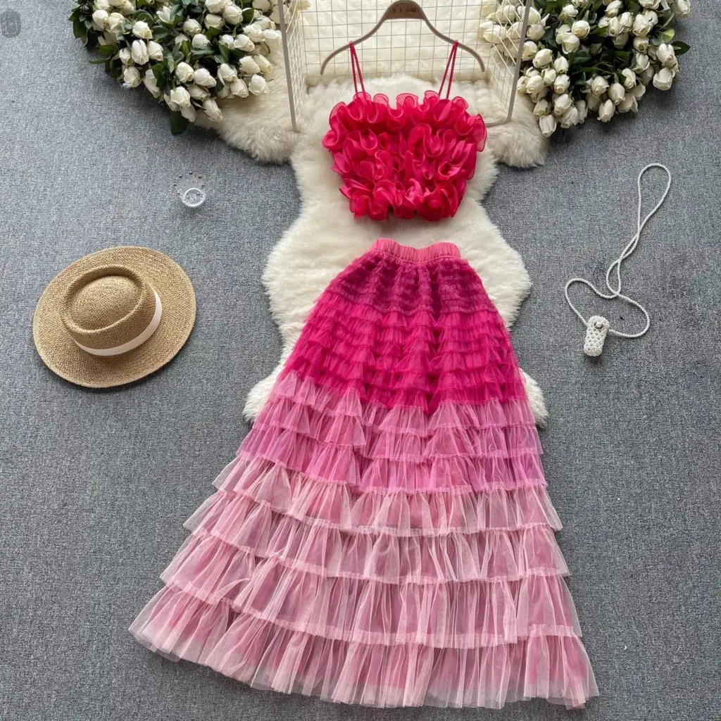 

High-end Socialite Suit Female Three-dimensional Flower Gauze Camisole Vest Fairy Gauze Half-length Skirt Two-piece Set VD4116