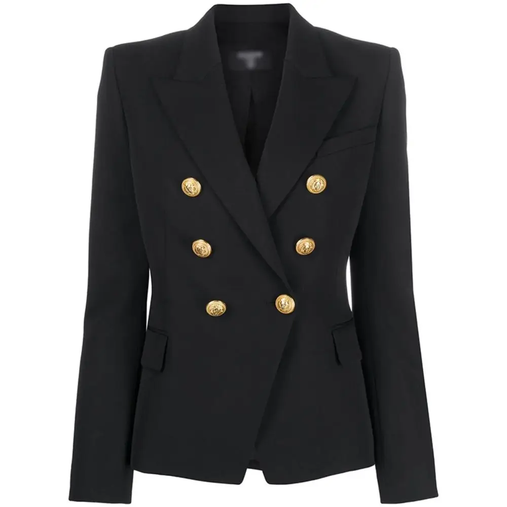 Black Women Blazers Classic Design European Style Spring Fall Peak Lapel Slim Fit All-match High Quality Duble Breasted Jacket