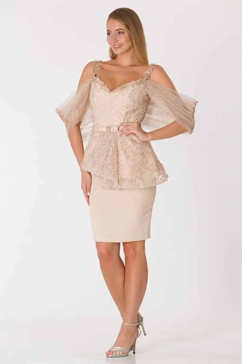 

Women's Luminous Tulle Detail Evening Dress Suit Beige