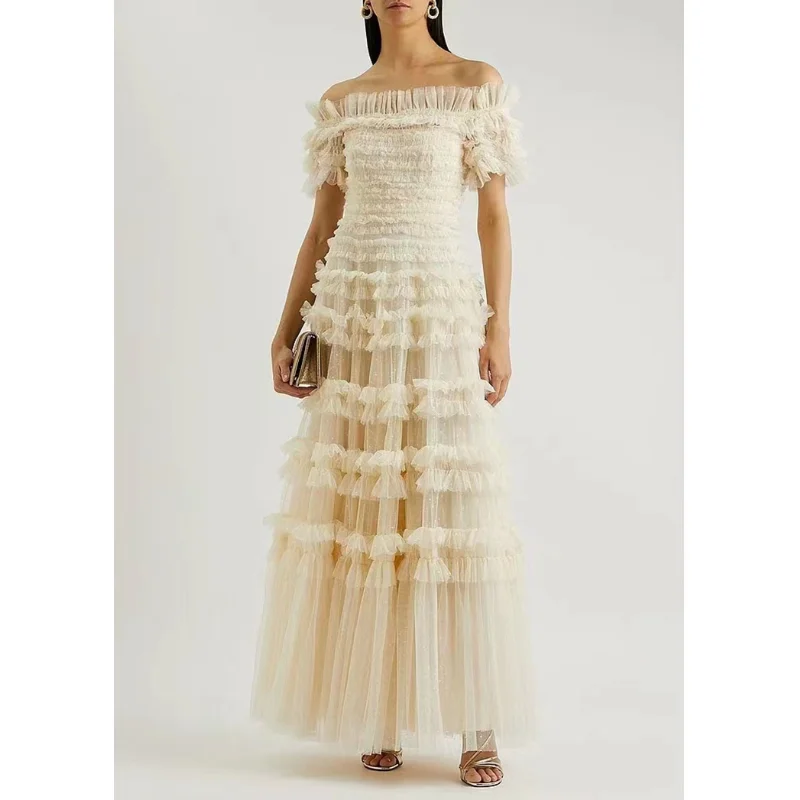

Party Travel Vacation 2023 Summer Women Net Yarn Hollow Embroidered Short-sleeved Fluffy Dress