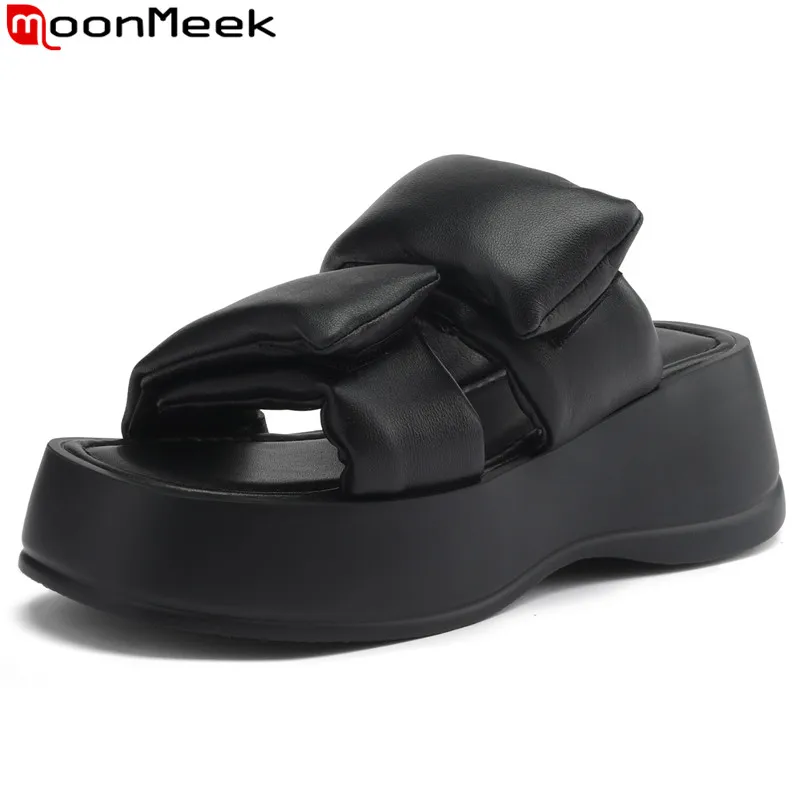 

MoonMeek New Sheepskin Leather Slippers Simple Ladies Platform Woman Shoes 2023 Chunky Modern Summer Slippers