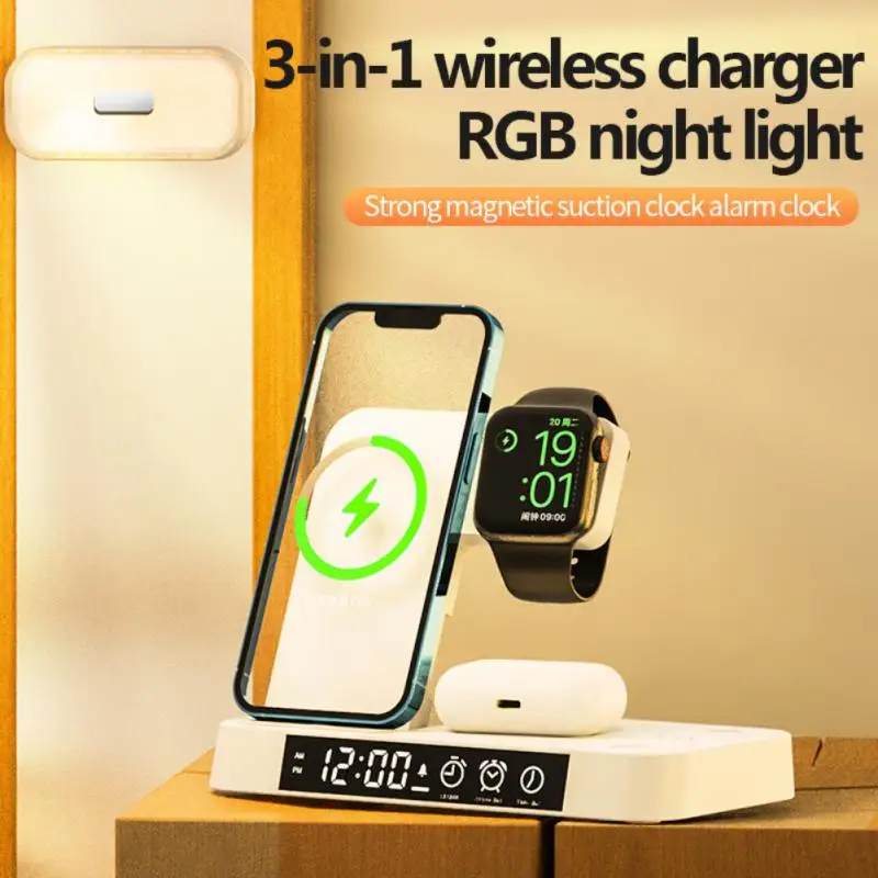 

Magnetic Charging Adapters Rgb Detachable Wireless Charger With Clock 3 In 1 Charging Dock Station Phone Accessories Foldable