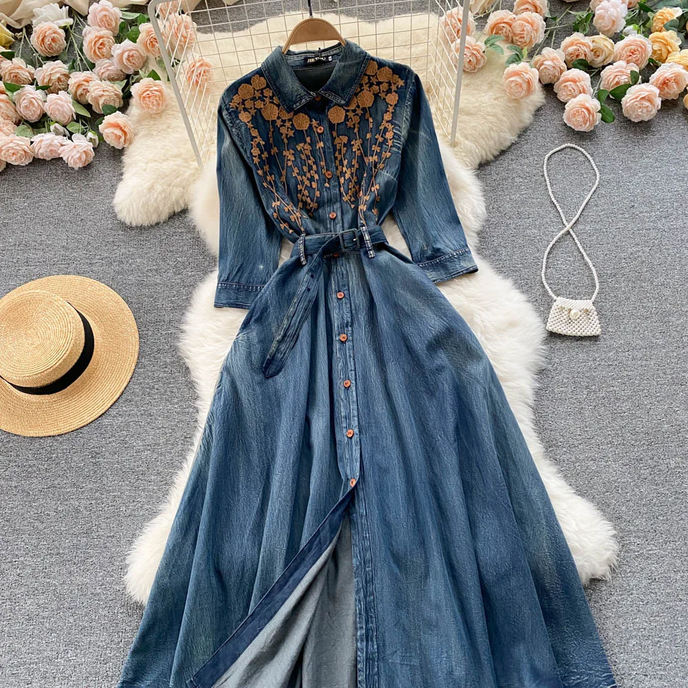 

Retro Machine Embroidery Design Sense Niche High-End Ladies Elegant Long Single-Breasted Denim Dress Women's Dressy 2K Sexy