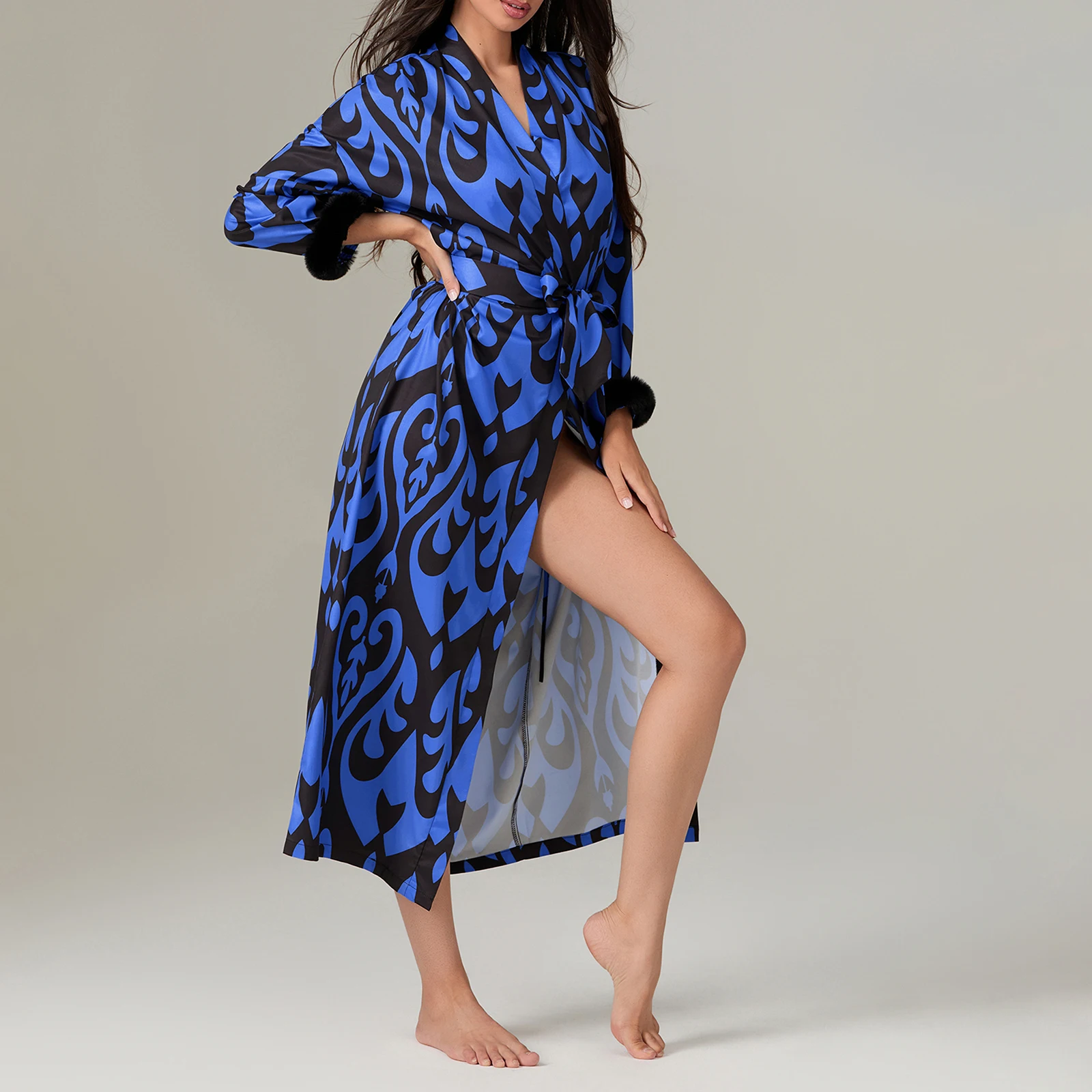 Женские халаты-кимоно модная отделка с перьями и принтом свободный удобный халат