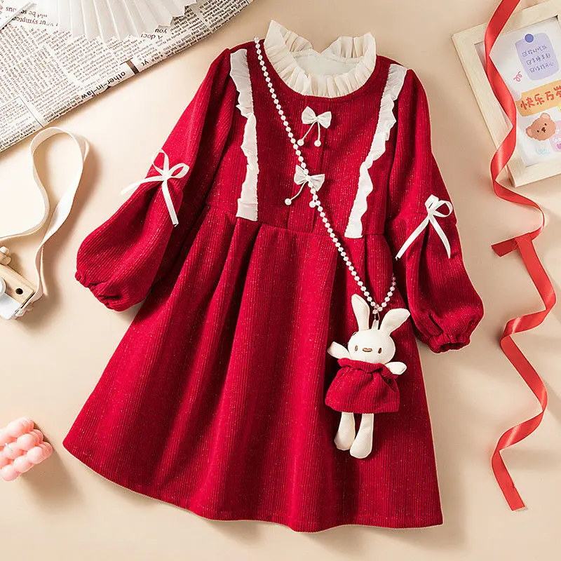 

Girls' Dress 2023 New Fashionable Girls' Long sleeved Princess Dress Autumn and Winter Red Dress Trend