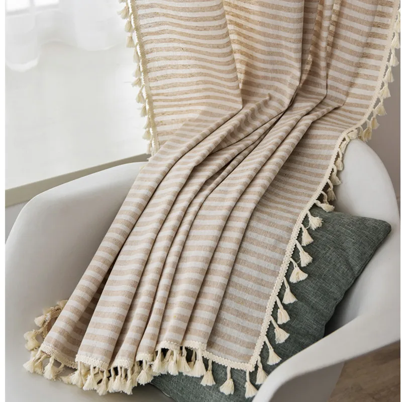 

Beige Striped Window Curtain Cotton Linen Tassel Curtain Country Style Window Hanging Blackout Curtains for Living Room Bedroom