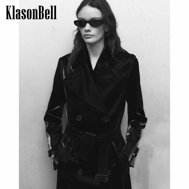 

1.9 KlasonBell Luxury Black Double Breasted With Belt Midi Trench Coat Women