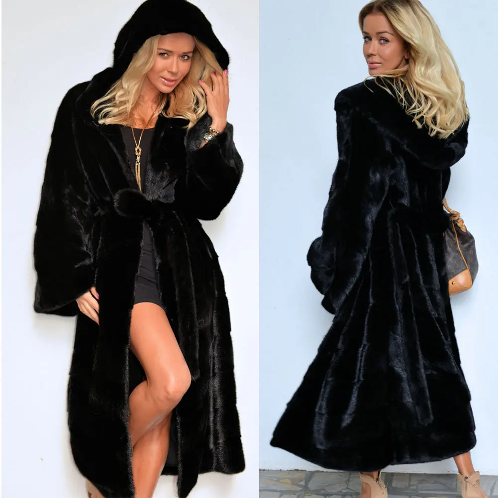 Faux Fur Hooded Coat Women 2022 Autumn Winter Thick Warm Long Jacket Female Vintage Casual Loose Coat Oversize Outwear With Belt