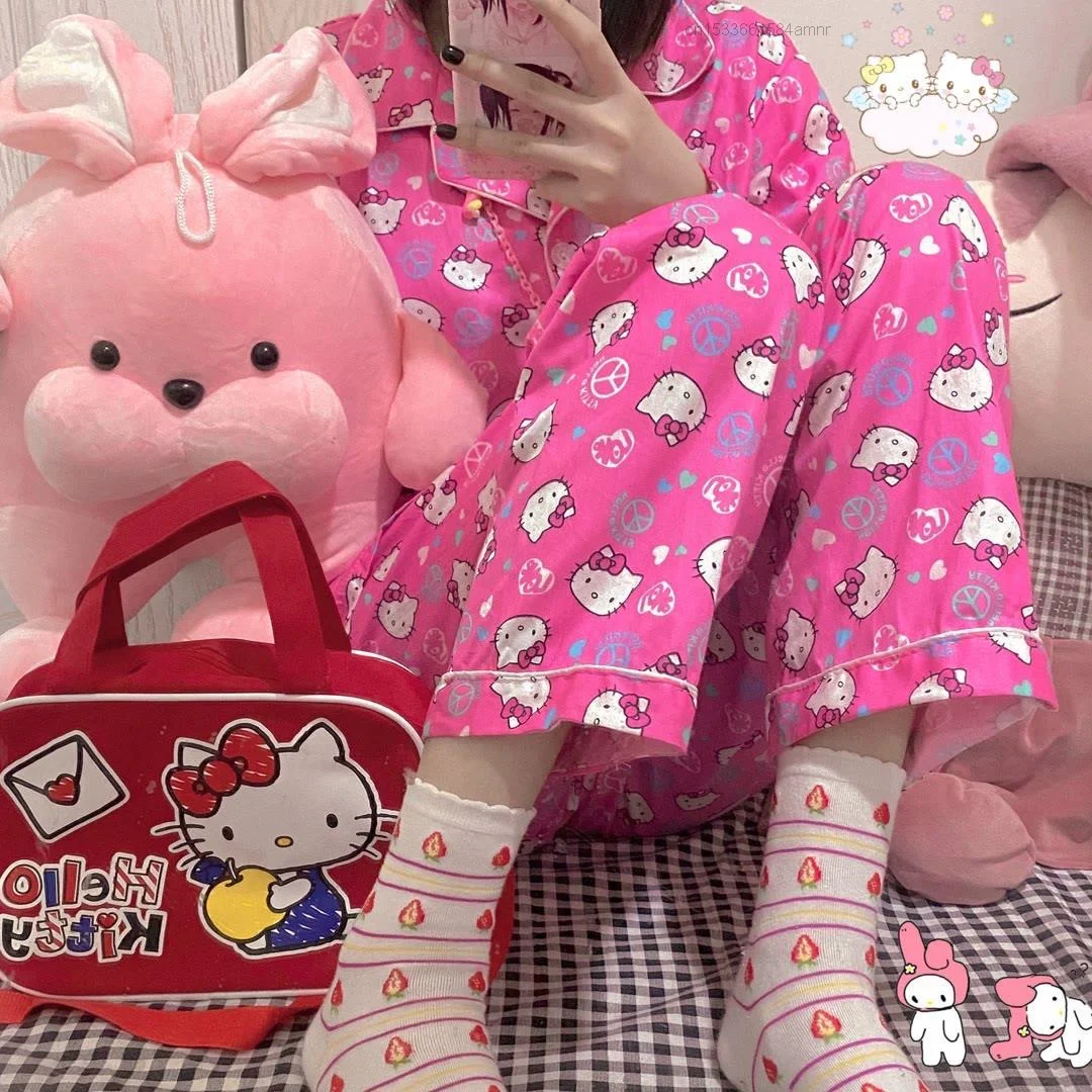 Cute Sanrio Hello Kitty Home Clothes Cartoon Pajamas Set KT Cat Long Sleeved Trousers Cardigan Top Women Clothing Set Sleepwear