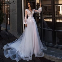 2022 deep v neck wedding dresses beach long sleeves lace appliques tulle floor length elegant bridal gown vestido de noiva