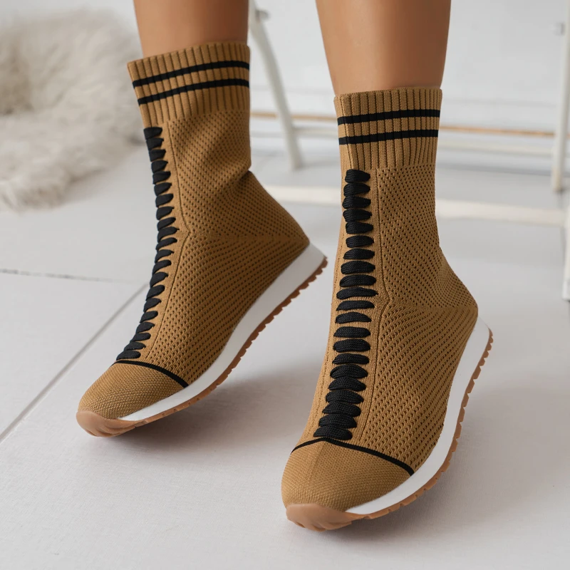 

Ботинки-носки женские из хлопчатобумажной ткани, модная однотонная зимняя резиновая обувь на низком каблуке, без застежки, с круглым носком