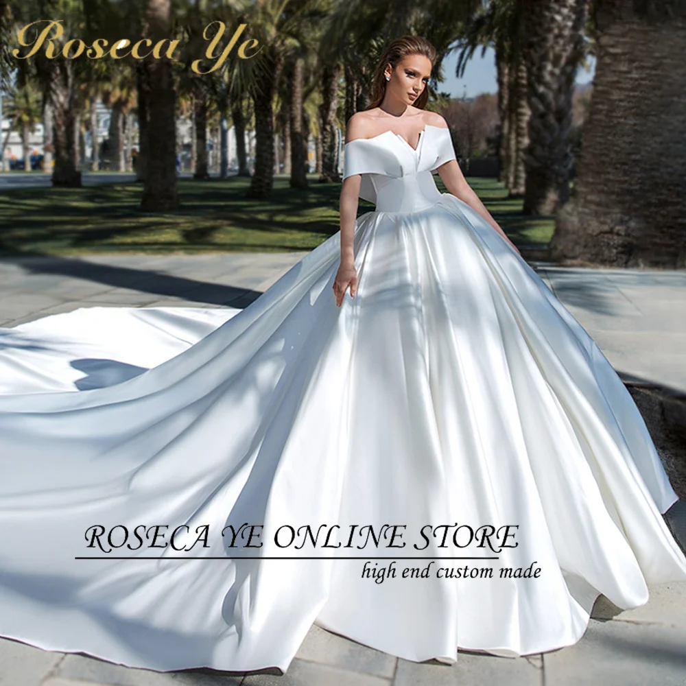 

Roseca Ye Ball Gown Wedding Dress 2022 Elegant Boat Neck Vintage Satin Bride Cathedral Princess Bridal Gown Vestido De Novia