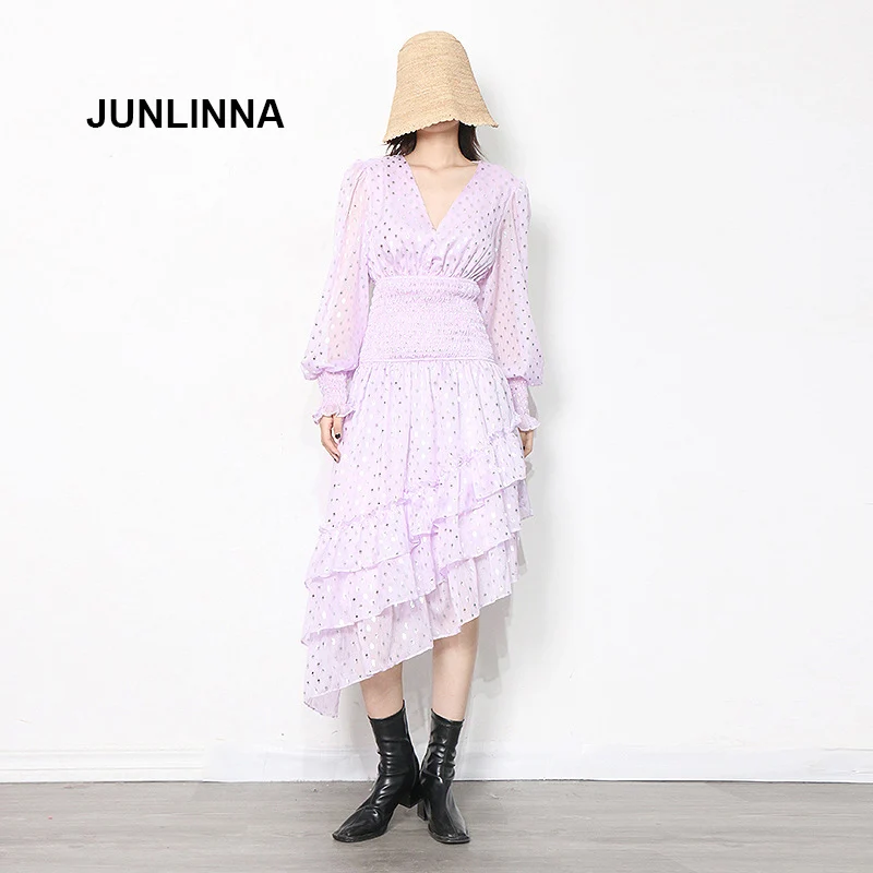 

Женское асимметричное платье JUNLINNA, модельное элегантное платье в горошек с V-образным вырезом, рукавами-фонариками и оборками на резинке