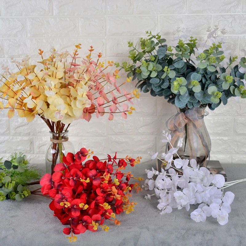

Искусственные цветы, 16 головок, листья эвкалипта, искусственные зеленые растения, Цветочная композиция для свадебного зала, украшение для дома