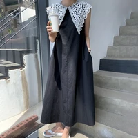 retro hollow lace sweet big lapel loose oversized robe sleeveless dresses femme 2021 summer fashion casual solid color dress new
