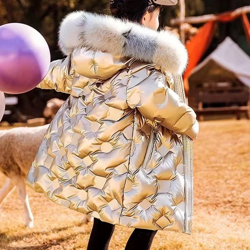 Children's Down Jacket Girls' Middle Long New Children's Bright Leather Coat