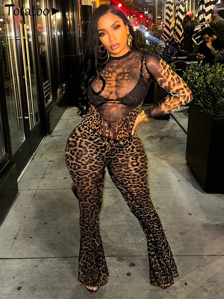 Totaoop Leopard Сексуальный комплект из двух предметов Брюки для женщин Сетчатая
