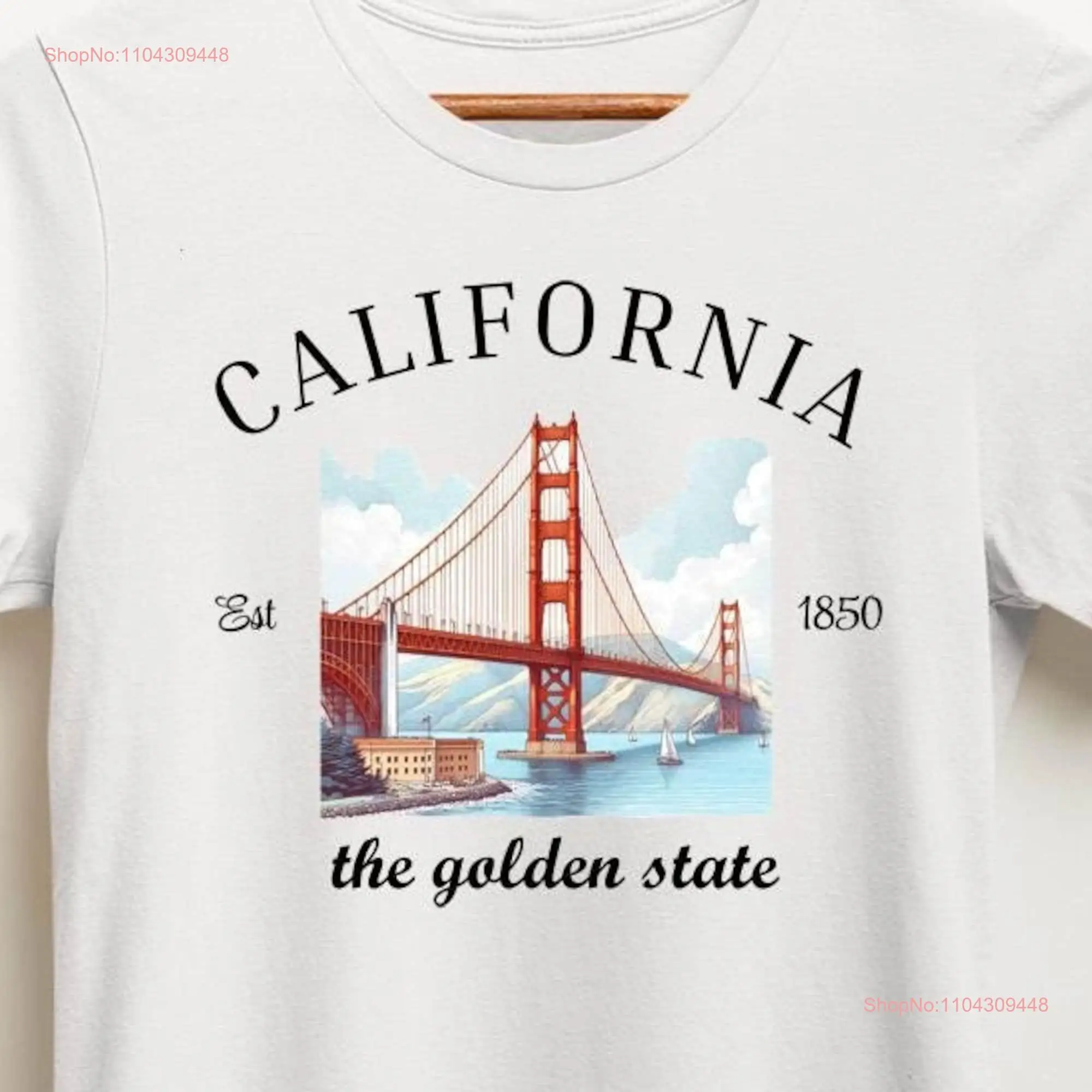 Футболка California The Golden State Slogan Cali CA Landmark Gate Bridge с длинными или короткими рукавами