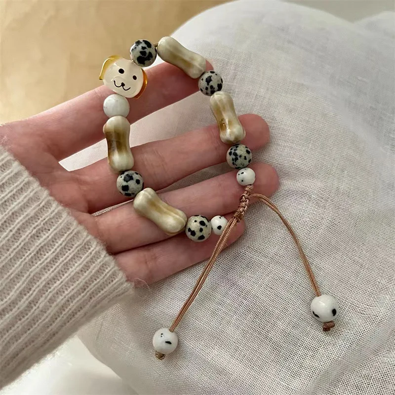 

New Cute Cream Ceramic Dog Bracelet for Women Vintage Hand Rope Weaving Cartoon Anime Bracelet Fashion Couple Accessory Gift