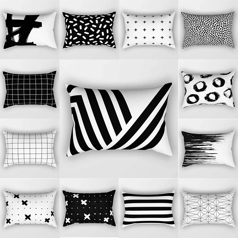 

Hot sale black gray white geometry pattern pillow covers high quality short plush rectangle large pillow cases