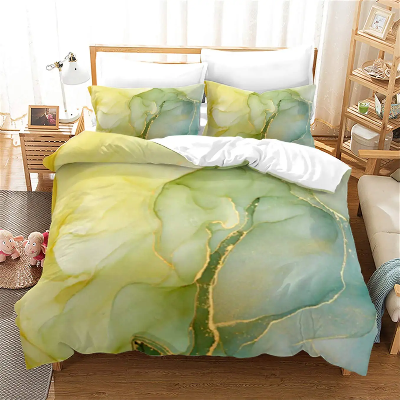 

Green Marble Bedding Set Queen King Size Golden Curve Marble Duvet Cover Set for Kids Teens Modern Abstract Art Marble Decor