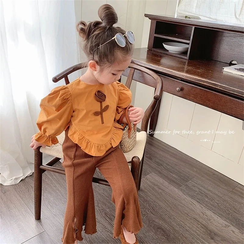 

Baby Girls Autumn Floral Clothes Sets Flower Ruffle Top and Flare Pants 2pcs Kid Cotton Butterfly Sleeves Suit Children Clothes