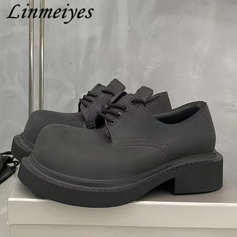 

New Thick Sole Derby Shoes Women Lace Up Big Round Toe Casual Shoes Unisex Street Style Platform Shoes Flat Leisure shoes Men