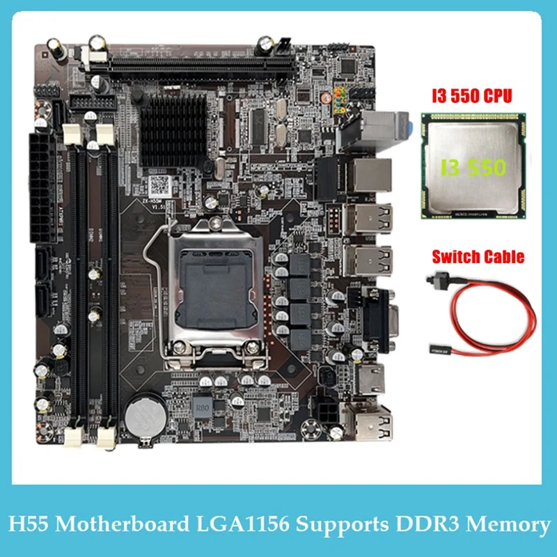 

Материнская плата H55 LGA1156 с поддержкой I3 530, I5 760, процессор DDR3, память для компьютера, материнская плата + I3 550 ЦП + коммутационный кабель, детали