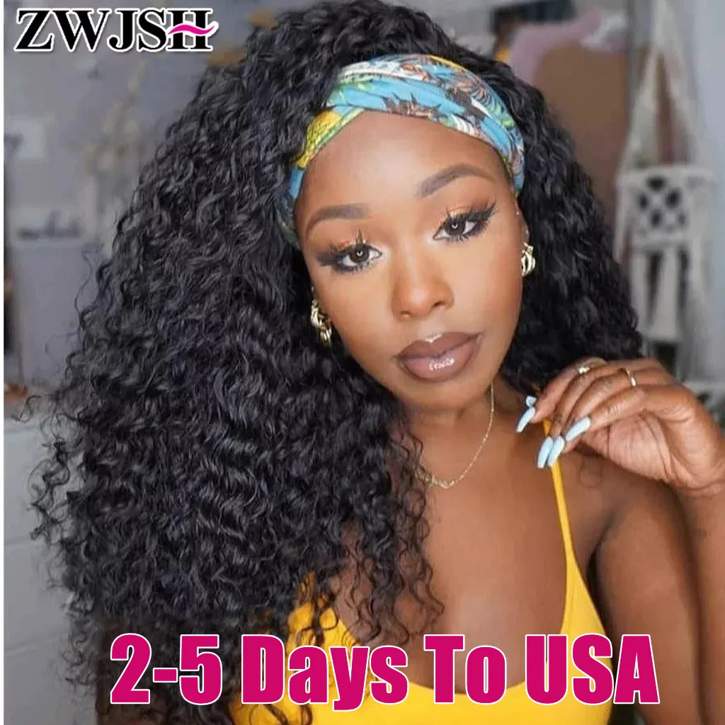 

Jerry Curly Remy Human Hair Headband Wig With Scarf For Women Natural Black Kinky Curl Full Machine Made ZWJSH